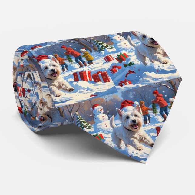 Gravata Westie Correndo na Neve com Chapéu de Natal (Rolled)