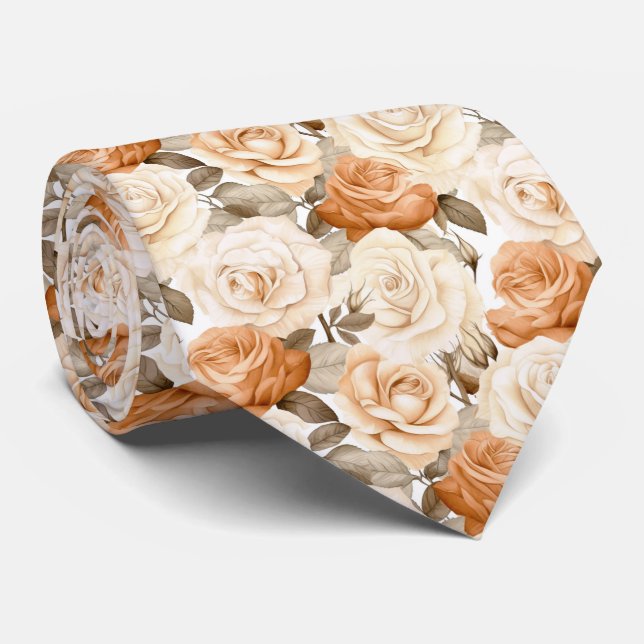 Gravata White and Tan  Roses on White (Rolled)