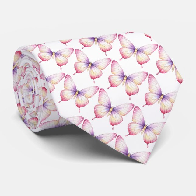 Gravata White Butterflies Neck Tie (Rolled)