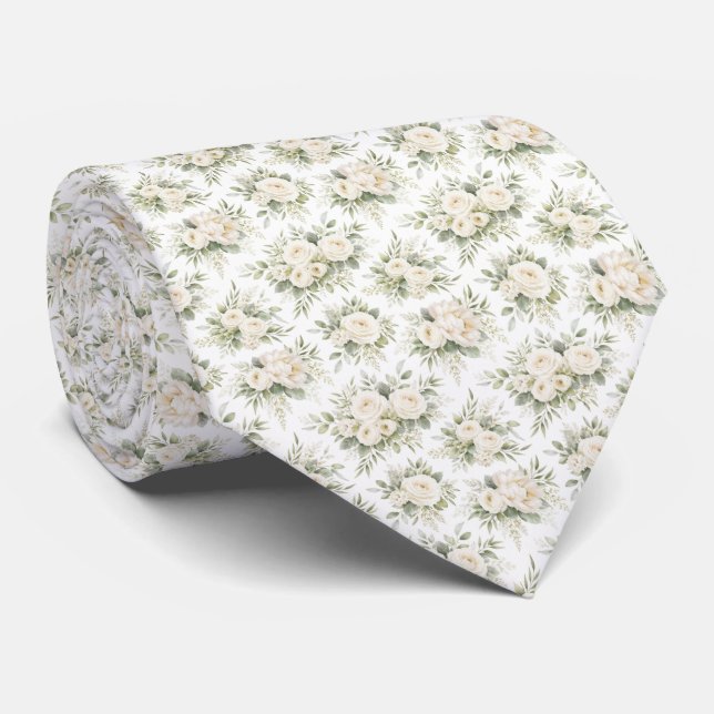 Gravata White Cream Watercolor Florals Wedding Groomsmen  (Rolled)