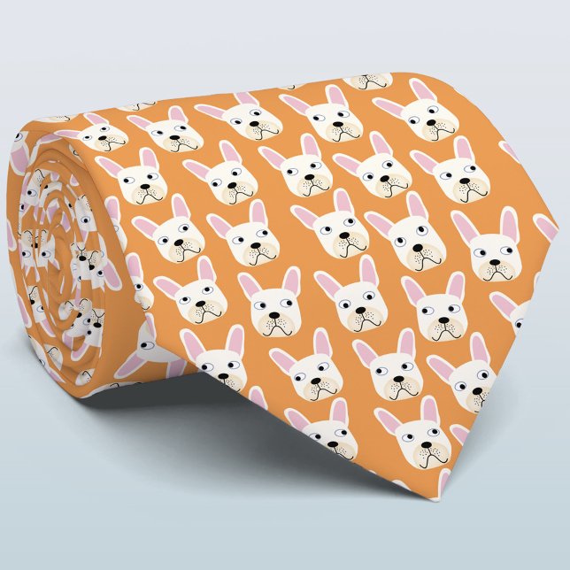 Gravata White e Cream French Bulldog Orange Neck Tie (Fun French Bulldog orange neck tie)