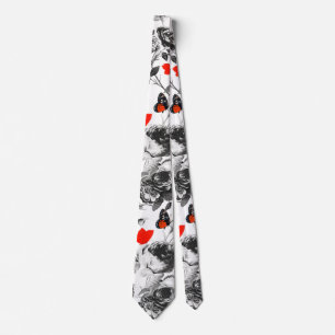Gravata WHITE ROSES AND RED BUTTERFLIES Grey Neck Tie