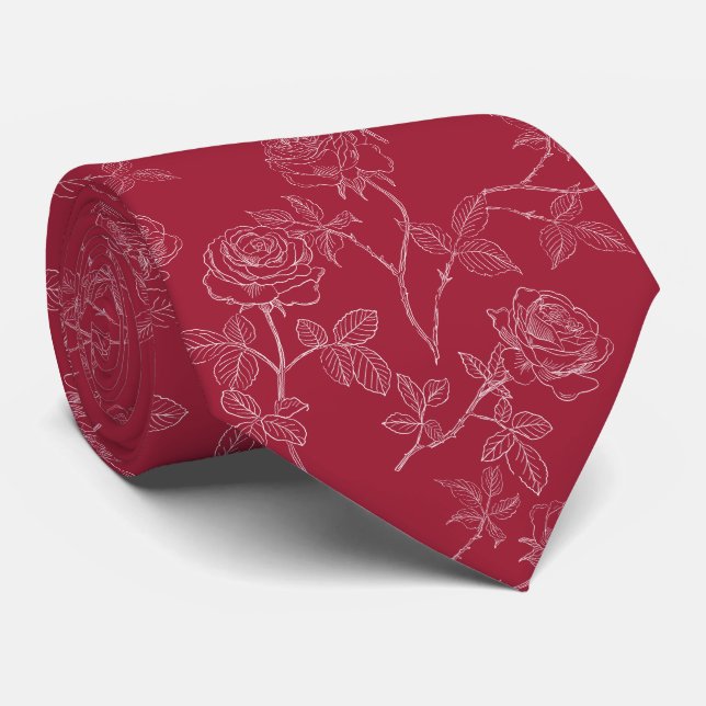 Gravata White roses on burgundy (Rolled)