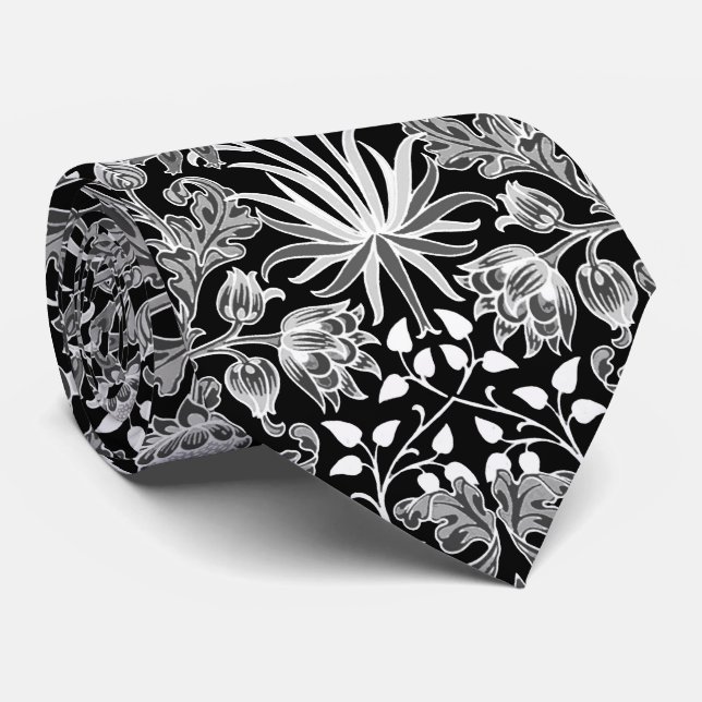 Gravata William Morris Hyacinth Impressão, Preto e Branco (Rolled)
