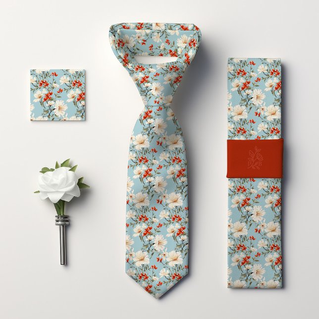 Gravata William Morris Inspirou Blue Cherry Blossom Floral (Criador carregado)