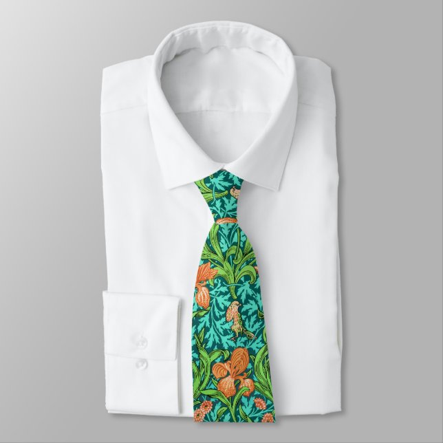 Gravata William Morris Irises, Orange e Turquoise (Amarrado)
