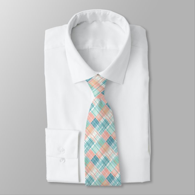 Gravata Xadrez Azul, Mint, Peach e White Madras (Amarrado)
