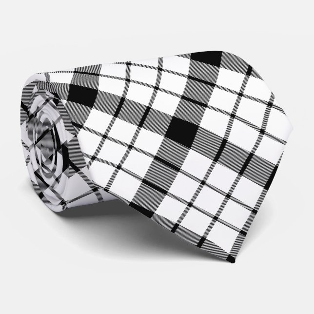 Gravata Xadrez branca preta MacFarlane tartan (Rolled)