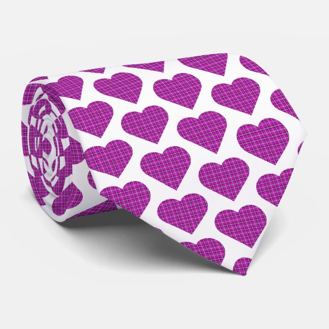 Gravata Xadrez de Coração Rosa Roxo Preto (Rolled)
