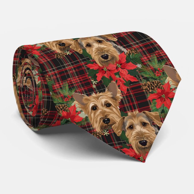 Gravata Xadrez de Natal Airedale Verde Vermelho (Rolled)