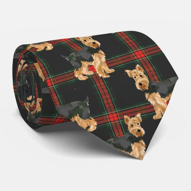 Gravata Xadrez de Natal Airedale Vermelho Verde (Rolled)