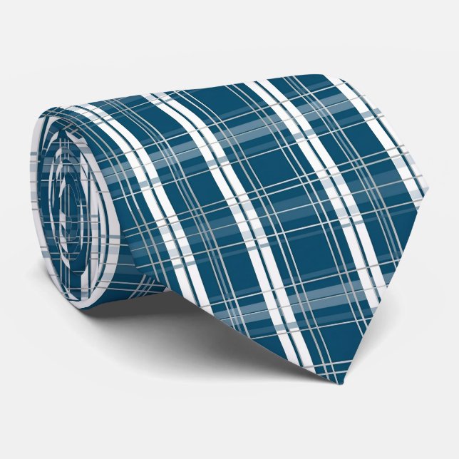 Gravata Xadrez Escocês Clássico Azul e Branco de Inverno (Rolled)
