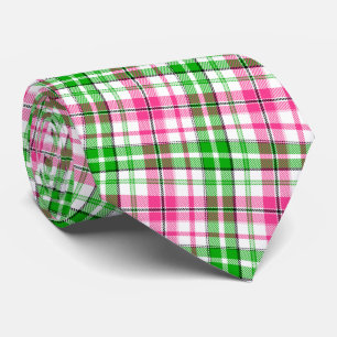 Gravata Xadrez Escocês em Branco com Listras Rosa e Verde