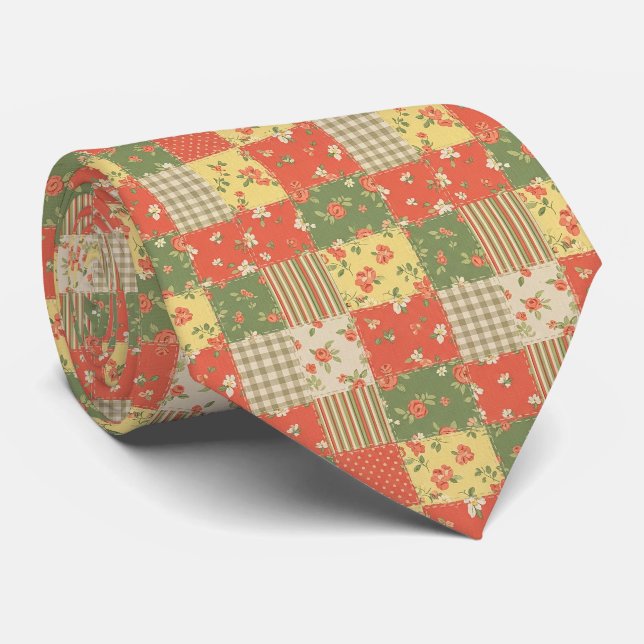 Gravata Xadrez Floral Patchwork Olhar de Casa de Campo Vin (Rolled)