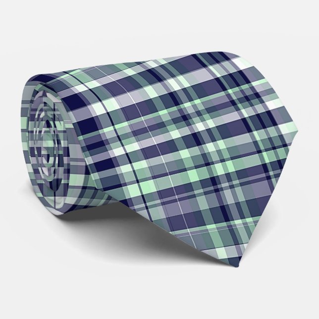 Gravata Xadrez Mint, Marinho Azul, White Preppy Madras (Rolled)