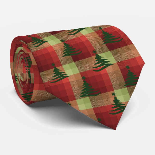 Gravata Xadrez Vermelho de Árvore de Natal - Dois Lados (Rolled)