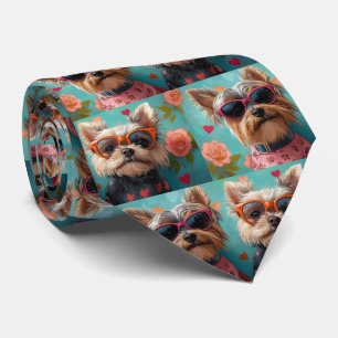 Gravata Yorkshire Terrier com Rosas do Coração Dia dos Nam