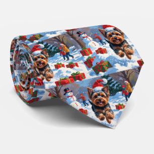 Gravata Yorkshire Terrier na Neve com Chapéu de Natal