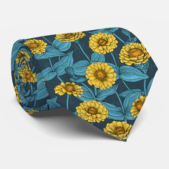 Gravata Zinnias Amarelas em azul escuro (Rolled)