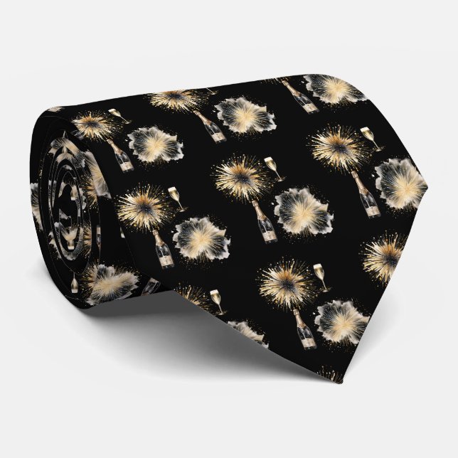 Gravatas com Garrafas de Champanhe Black e Gold &  (Rolled)