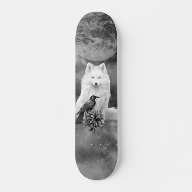 Gray Scale White Fox Fantasy Raven Moon Skate Deck (Frente)