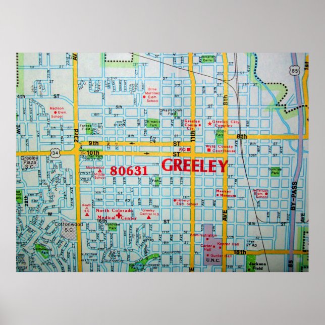 Greeley, Poster do Mapa de Vintagem CO (Frente)
