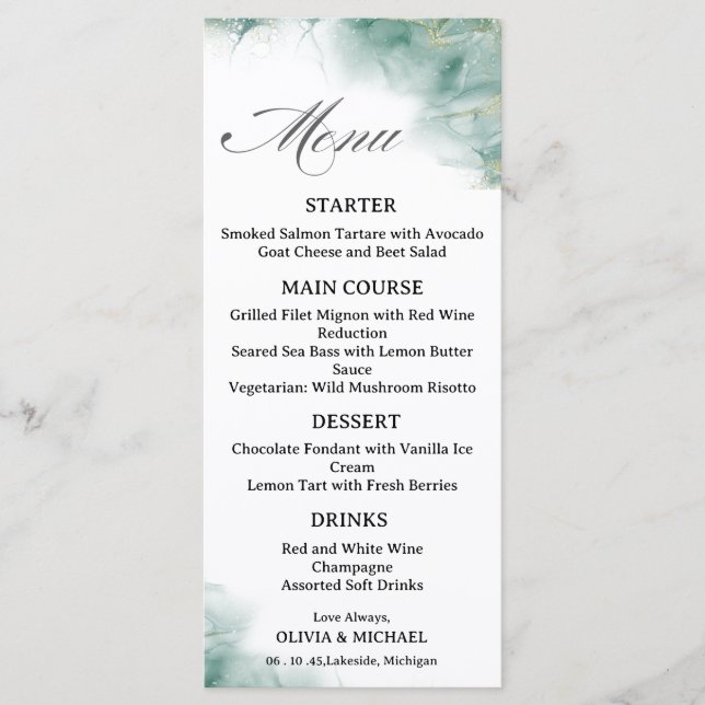  Green Abstract Watercolor Wash Wedding Menu Card (Frente)