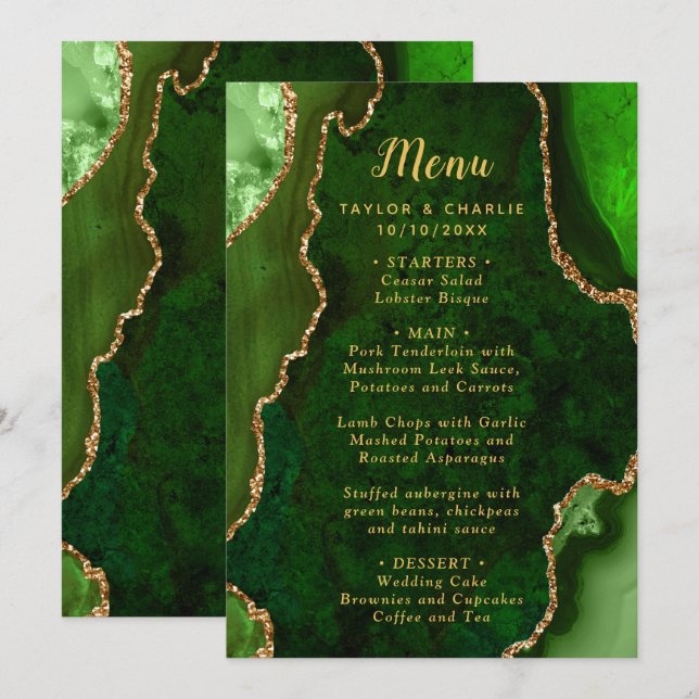 Green and Gold Agate Wedding Menu (Frente/Verso)