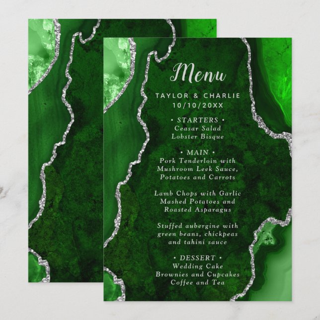 Green and Silver Agate Wedding Menu (Frente/Verso)