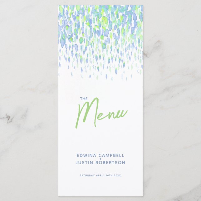 Green blue modern art dab wedding menu (Frente)