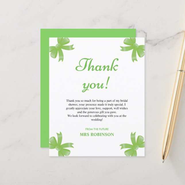 Green Bow Bridal Shower Thank You Card (Frente/Verso In Situ)