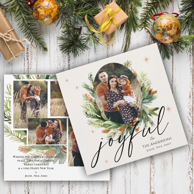 Green deixa fotos multifamiliares alegres no Natal (Green Leaves Multi Family Photos Joyful Christmas Greeting Card)