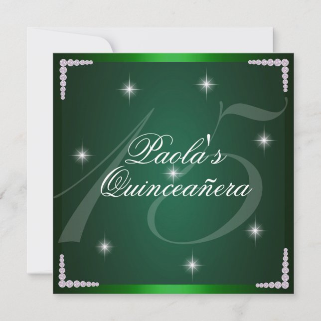 Green Diamond Sparkles Quinceañera Convite (Frente)