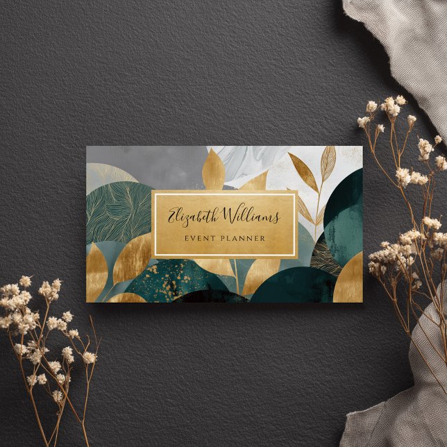 Green Gold Abstract Leaves Business Cards (Criador carregado)
