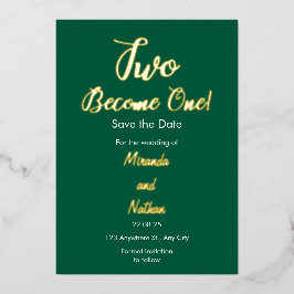 Green & Gold Two Become One Foil Wedding Invitatio