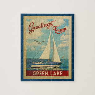 Green Lake Jigsee Quebra-cabeça Sailboat Retro Wis