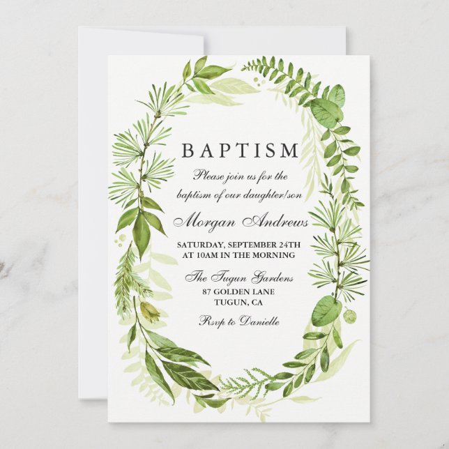 Green Leaf Wreath Girl ou Boy Baptism Convite (Frente)
