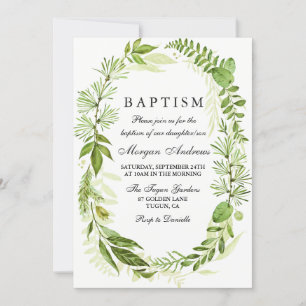 Green Leaf Wreath Girl ou Boy Baptism Convite