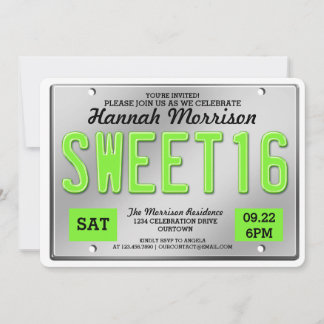 Green License Plate Sweet 16 Convites de festas