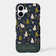 Green Pear Watercolor Pattern on Dark Blue