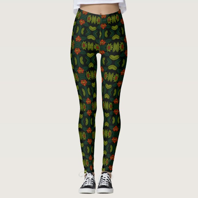 Green & Red PatternedFloral Mosaic Women's Legging (Frente)