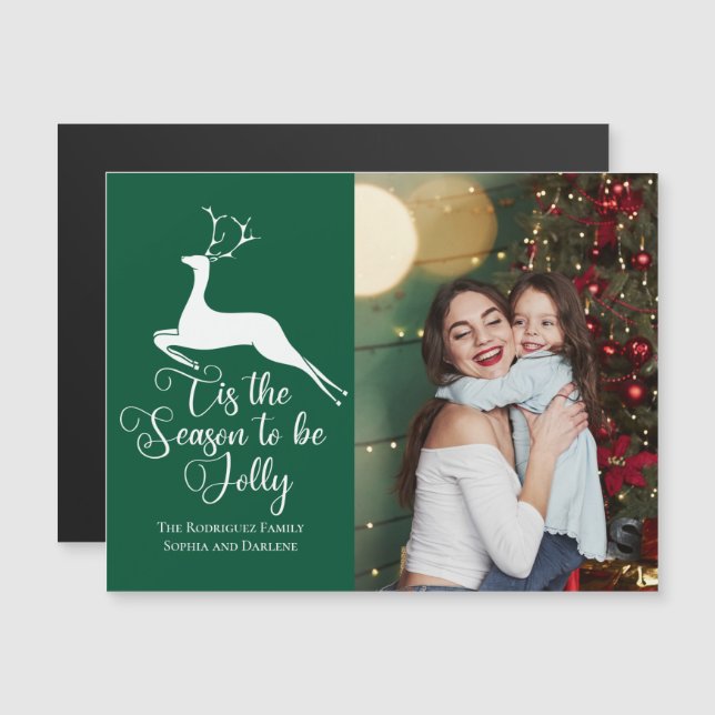 Green Reindeer Foto De Natal Tis Season Magnet (Frente/Verso)