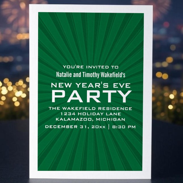 Green Starburst Stripes Festa de Ano Novo Convite (Green Starburst Stripes New Years Party Invite)