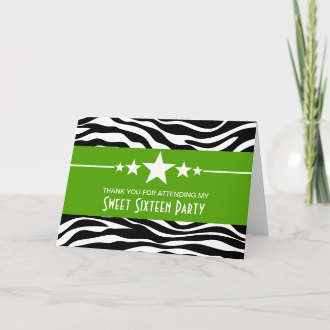 Green Stars Zebra Print Sweet 16 Cartões de agrade (Frente)
