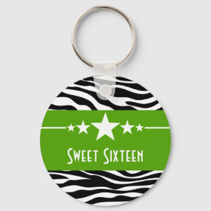 Green Stars Zebra Print Sweet 16 Chaveiro