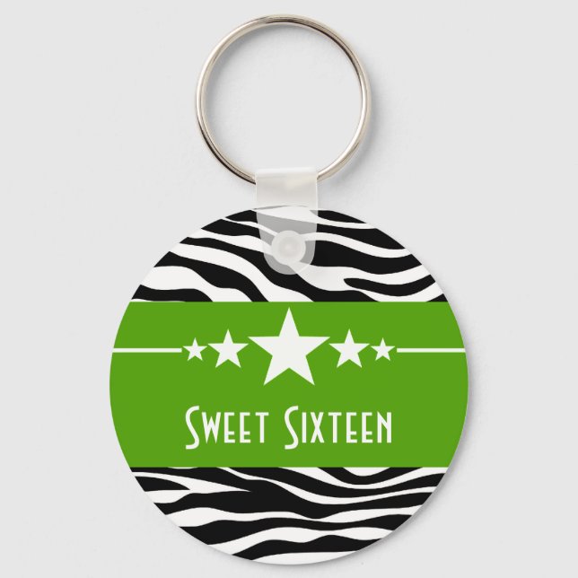 Green Stars Zebra Print Sweet 16 Chaveiro (Frente)