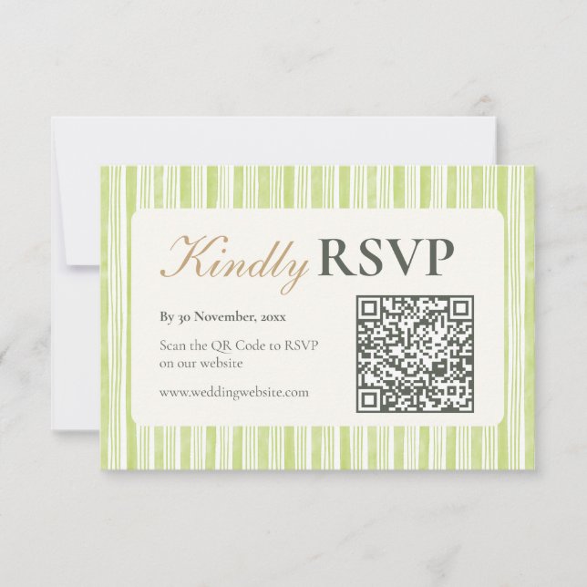 Green Stripe Wedding RSVP Postcards with QR Code (Frente)