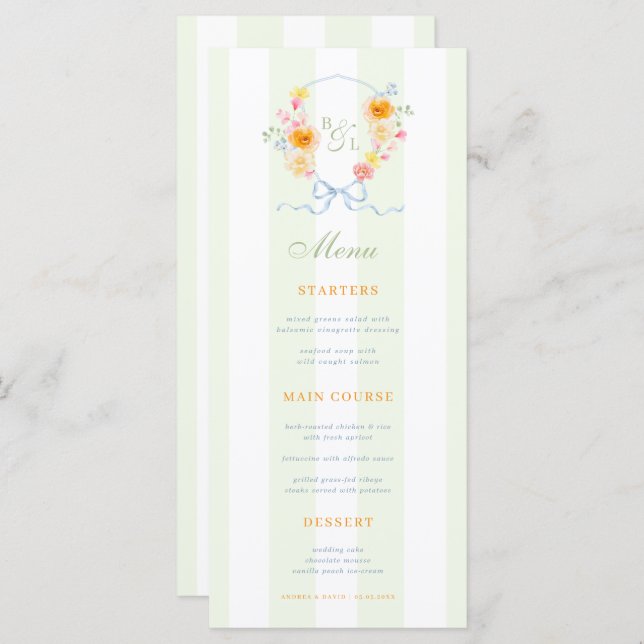 Green Stripes & Floral Crest Spring Wedding Menu (Frente/Verso)