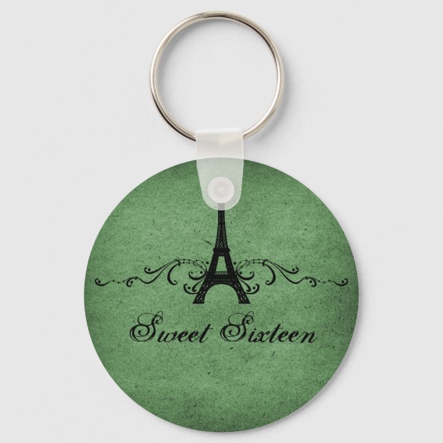 Green Vintage French Flourish Sweet 16 Chaveiro (Frente)