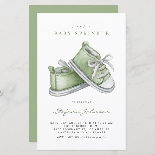 Green Watercolor Baby Calçados Baby Sprinkle Invit (Frente/Verso)